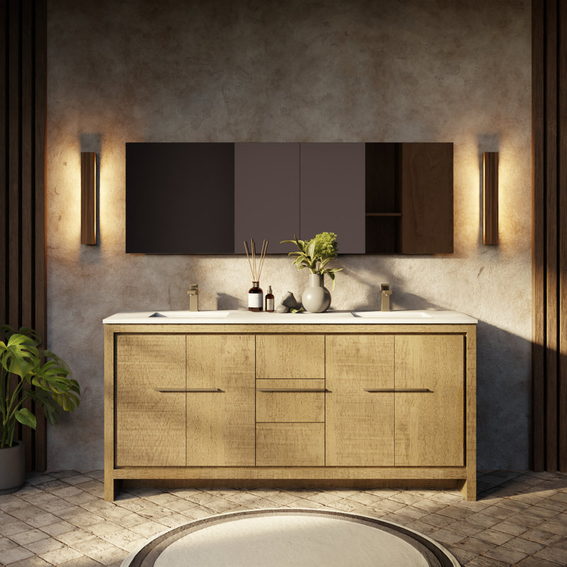 Ensemble de meuble-lavabo double 72 po avec miroir Lafarre, Acacia rustique, Quartz blanc