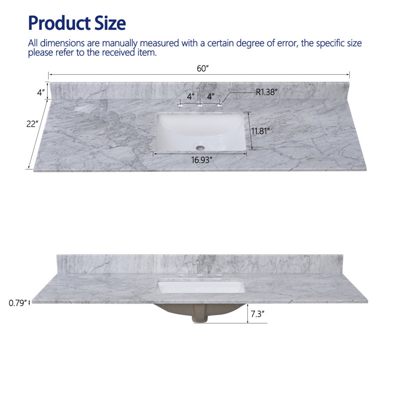 Plateau de meuble-lavabo en marbre de 60 po x 22 po Carrara avec lavabo simple - pour remplacement de meuble-lavabo, sans armoire