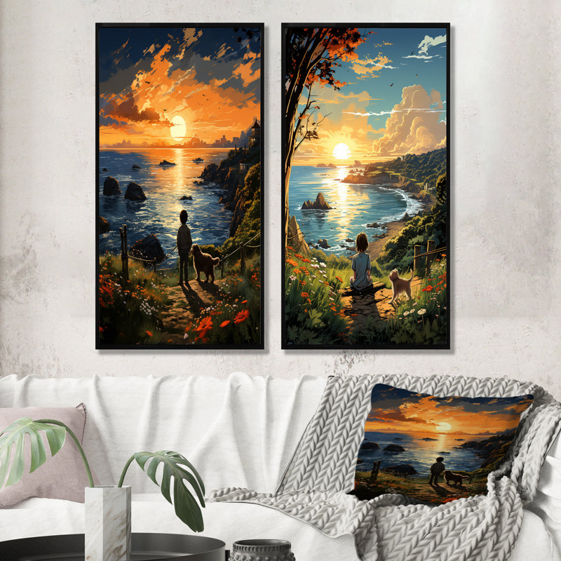 «Sunrise Kid With Best Friend Dog I», ensemble d'art mural sur toile de bord de mer tropical, Cadre noir, H 28 po x l 25 po