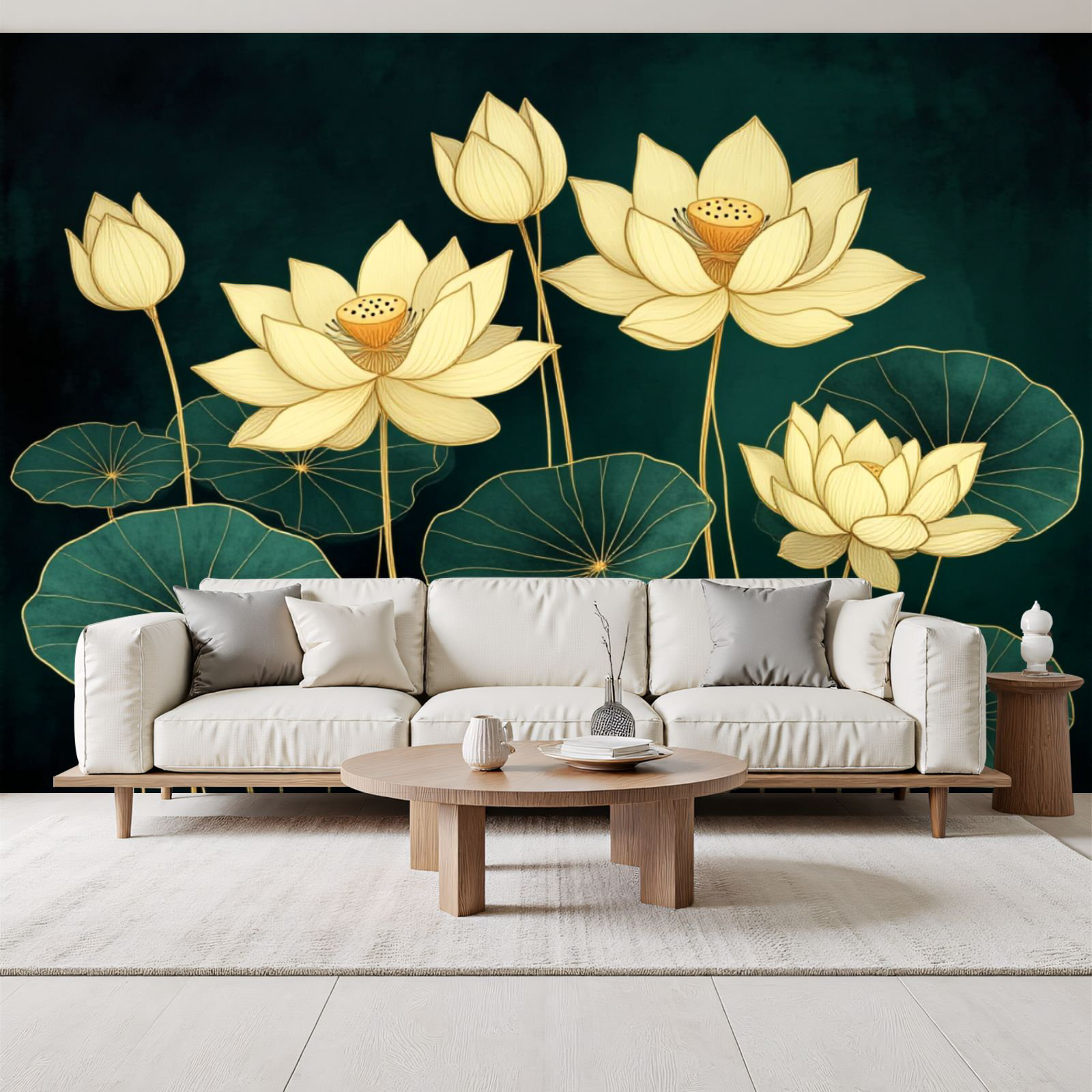 Red Barrel Studio® Peel and Stick Wallpaper Golden Lotus Flowers Leaves ...