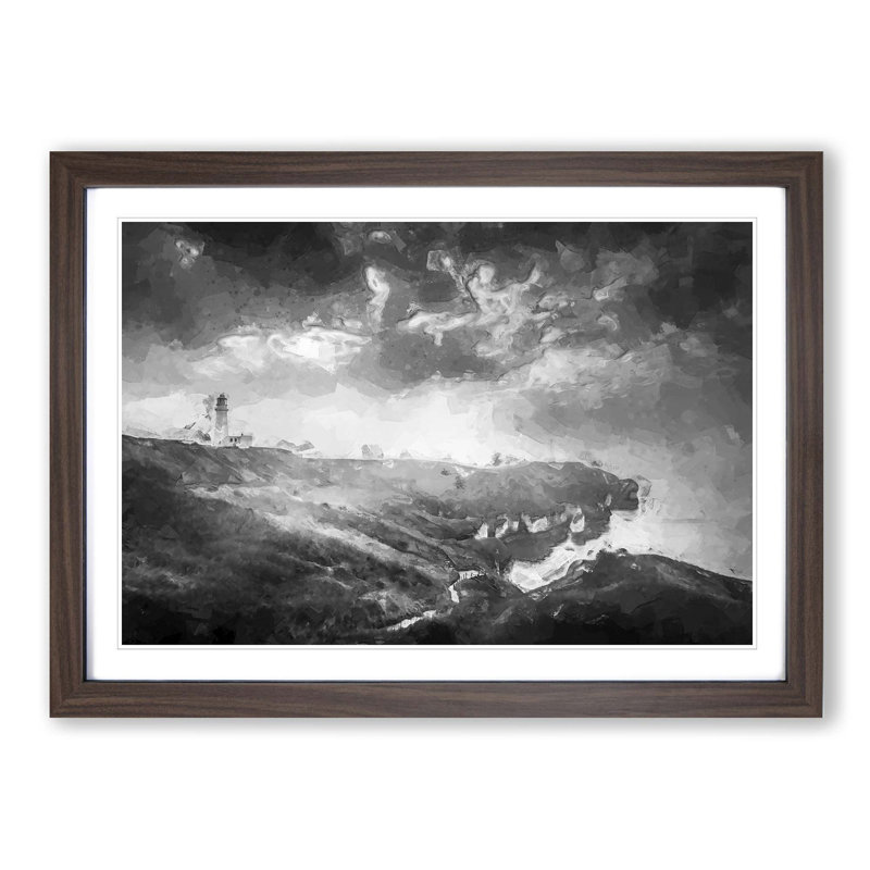 Moody Lighthouse and Seascape - Picture Frame Graphic Art Print, Walnut Framed, 27cm H x 36cm W x 2cm D