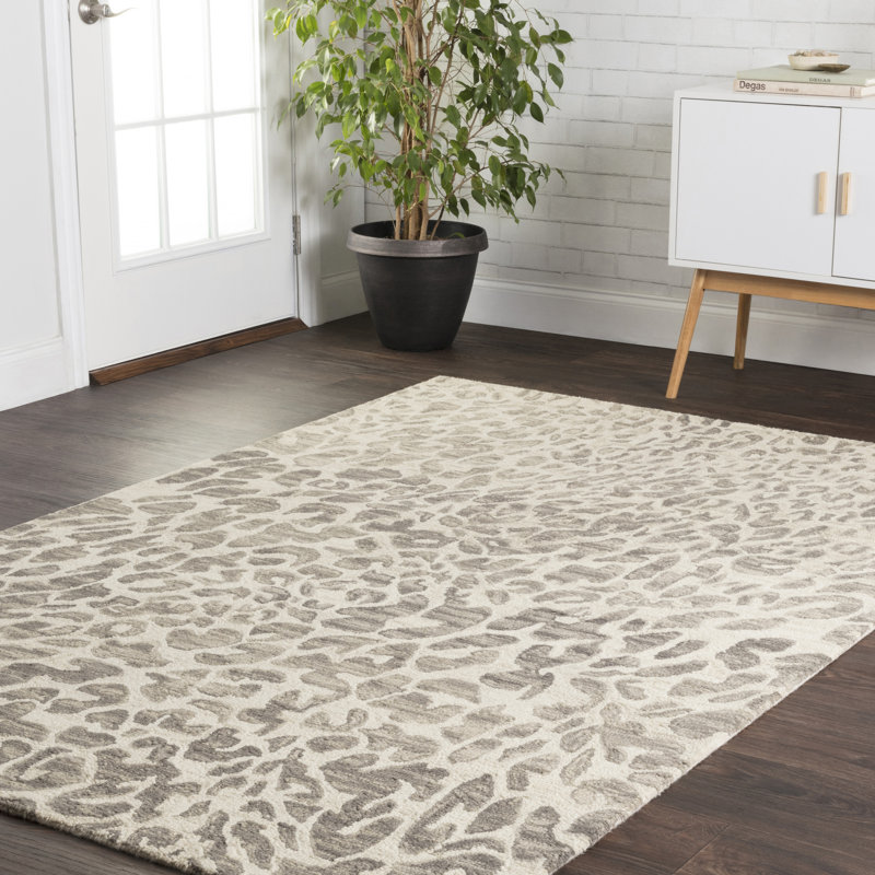 Tapis gris / ivoire en laine crocheté à la main Masai, Rectangle 3 pi 6 po x 5 pi 6 po