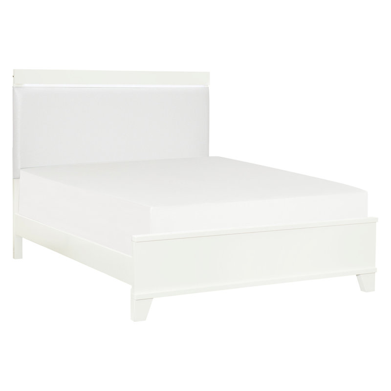 Grand lit tapissier blanc en similicuir avec tête de lit à DEL et cadre en bois brillant éclairé, Queen
