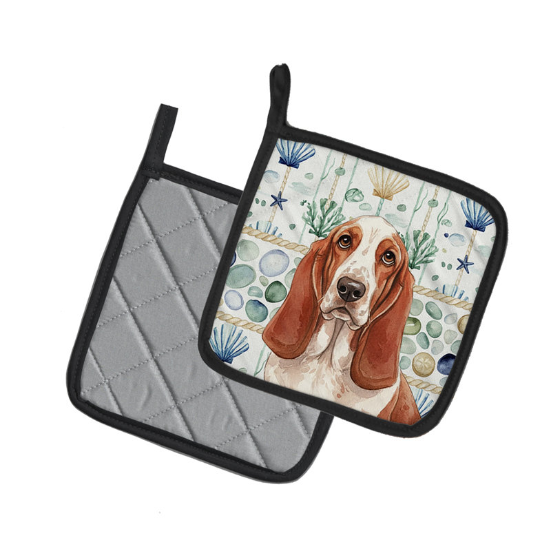 Paire de poignées en verre de mer rouge et blanc Basset Hound