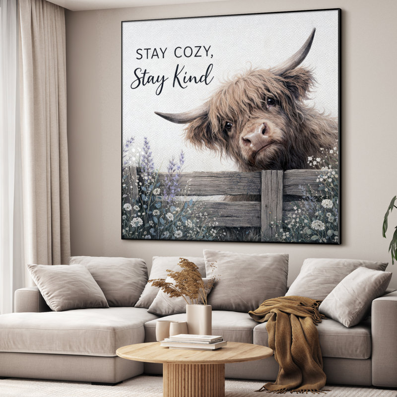 Très grande reproduction d'art sur tissu - Vache Highland brun, décor de chambre à coucher rustique - "Assemblage requis (cadre non fini)"