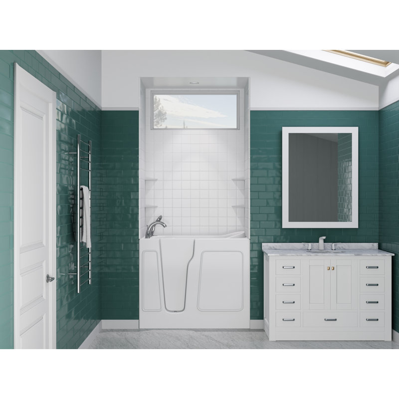 Nova Heated Series 26" x 46" Left Side Drain Soaker Bathtub in White with 4 in. Tile Shower Wall Kit, Left, White