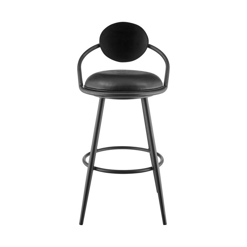 Tabouret tournant 30 "en fer noir avec similicuir et dossier en bois noir, Noir