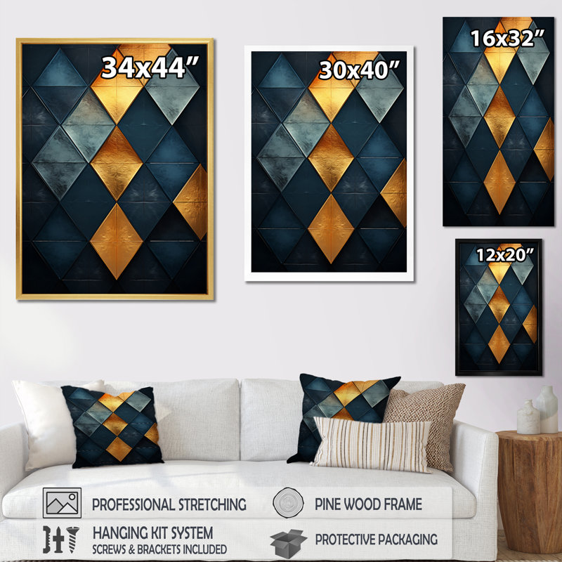 Golden Diamond se levant sur rétro bleu marine I, H 40 po x l 30 po x P 1,5 po, Cadre flottant doré