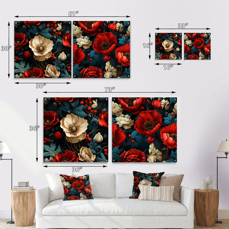 Motif de fleurs de pavot bleues et rouges I - ensemble de 2 peintures murales en acrylique, H 16 po x l 33 po