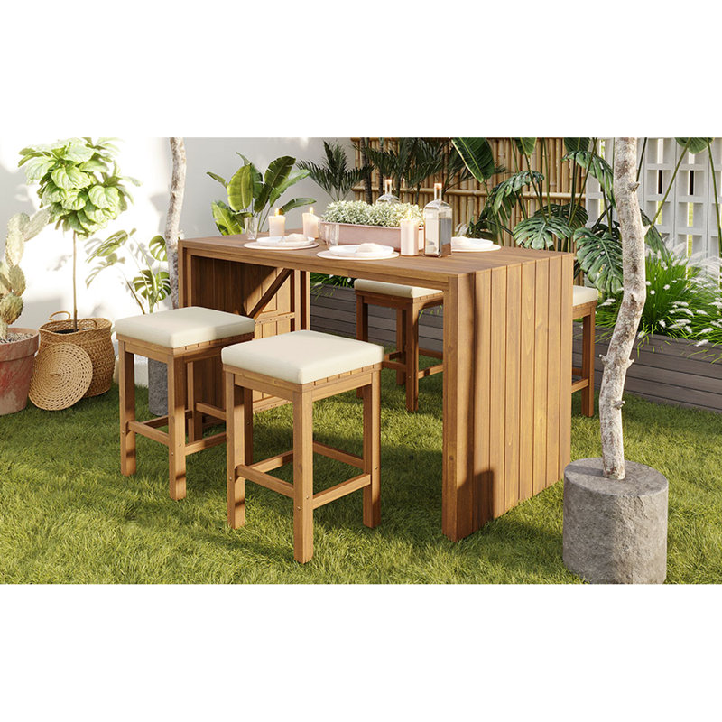 Bar extérieur 5 pièces avec table en bois et quatre tabourets beiges coussins amovibles, pour les rassemblements de jardin, facile d'entretien