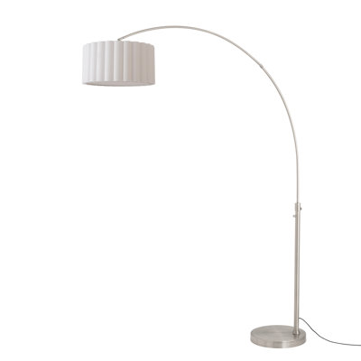 Lampe arquée moderne 92 po Eichler - acier nickel noir, base en marbre blanc, abat-jour tambour en lin blanc, à intensité variable, ampoule incluse, conçue par Peter Morelli, 1960
