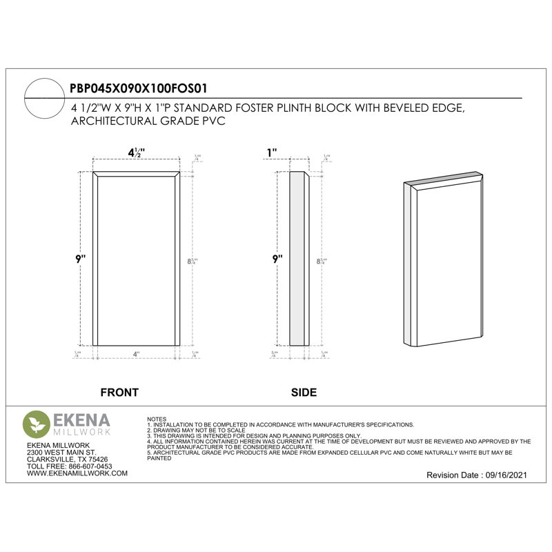 Socle standard avec bord biseauté, H 9 po x l 4,5 po x p 1 po