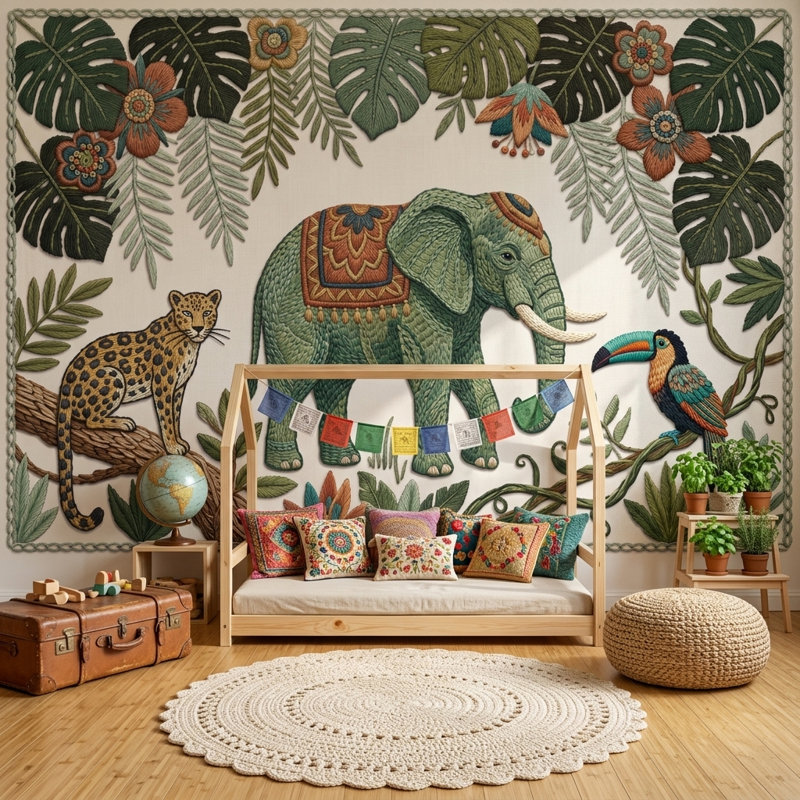 Papier peint brodé éléphant tropical amovible, 140 po x 108 po, Peler et coller