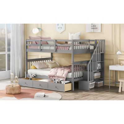 Lit superposé double sur escalier avec tiroir, rangement et barrière de sécurité pour chambre à coucher, gris (ancien SKU: LT100310AAE)