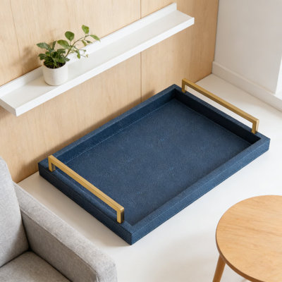 Shagreen Leather Serving Tray With Brushed Gold Handles, Decorative Ottoman And Coffee Table Tray For Home Decor, Durable And Easy To Clean
