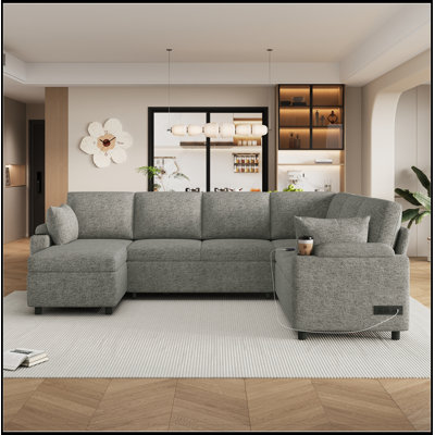 Canapé modulaire avec grand espace de rangement, deux porte-gobelets et ports de chargement