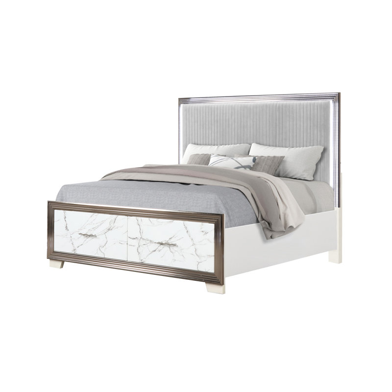 Structure de grand lit, tête de lit tapissier à conduit doux, rangement en marbre, finition blanche, décor de chambre à coucher moderne, fonction