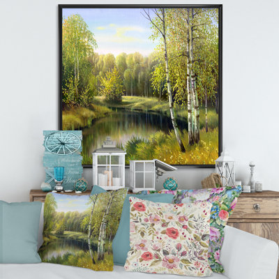Birches by the River in Silent Green Nature - Peinture sur toile