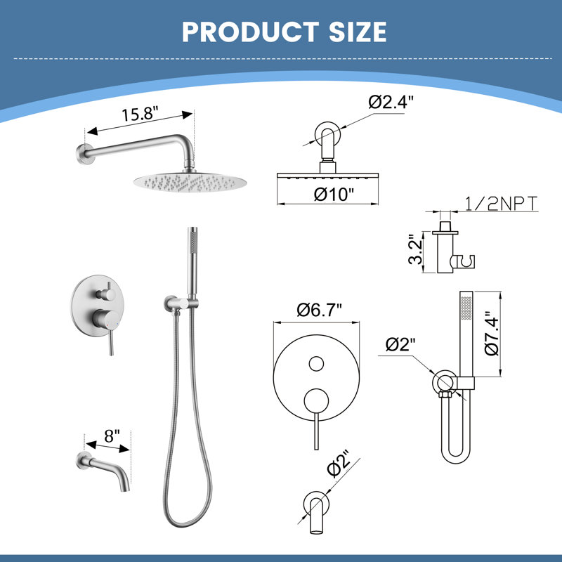 10" Solid Brass Wall Mounted Pressure Balance Complete Shower System With Tub Spout, Brushed Nickel