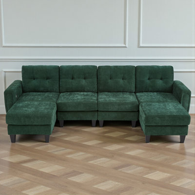 Chenille Upholstered Modular Sectional Sofa With Side Table, USB Ports & Ottomans – Tufted Back