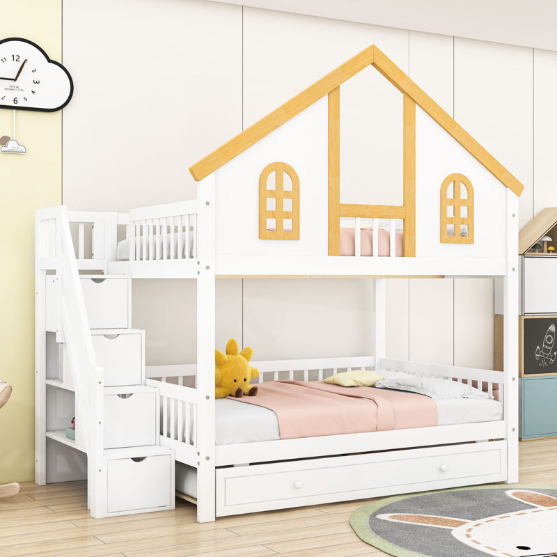 Wood Bunk Bed with Roof and Staircase and Trundle, Full Over Full