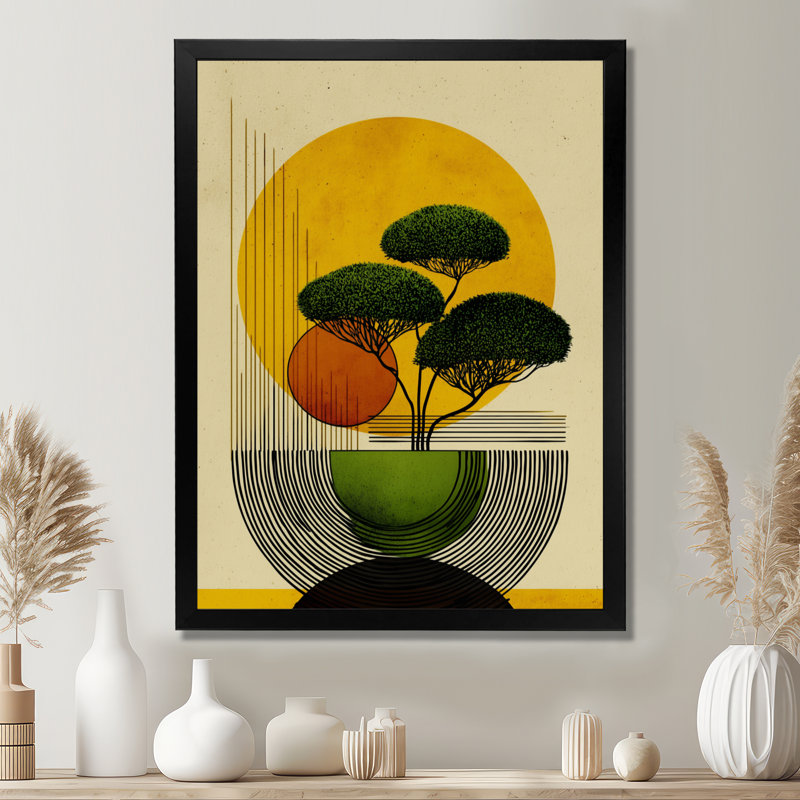 «Bonsai», impression sur toile, vert et jaune, H 32 po x l 24 po, Cadre flottant, Noir