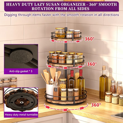 Heavy-Duty Three-Tier Lazy Susan Organizer, Adjustable Height Countertop Spice Rack, Upgraded Thickened Wooden Board, Rotating Seasoning Storage for Kitchen and Bathroom Organization