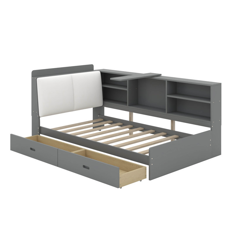 Lit plateforme simple avec tête de lit, tablettes et tiroirs de rangement, Gris