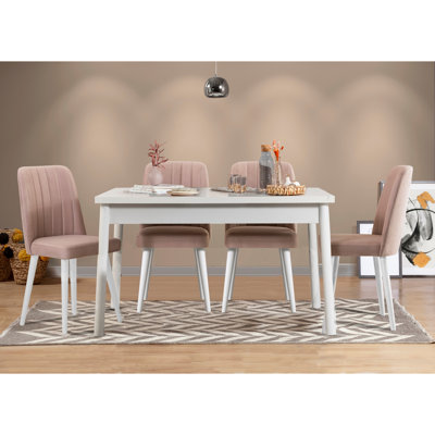 Modern 5-Piece Dining Table & Chairs Set, White & Stone, 47.2 x 30.3 x 29.5 inches | 100% Melamine Coated Particle Board, 0.7 inches Thick | Velvet Foam Chairs, Solid Color, Scandinavian Design, Elegant & Durable