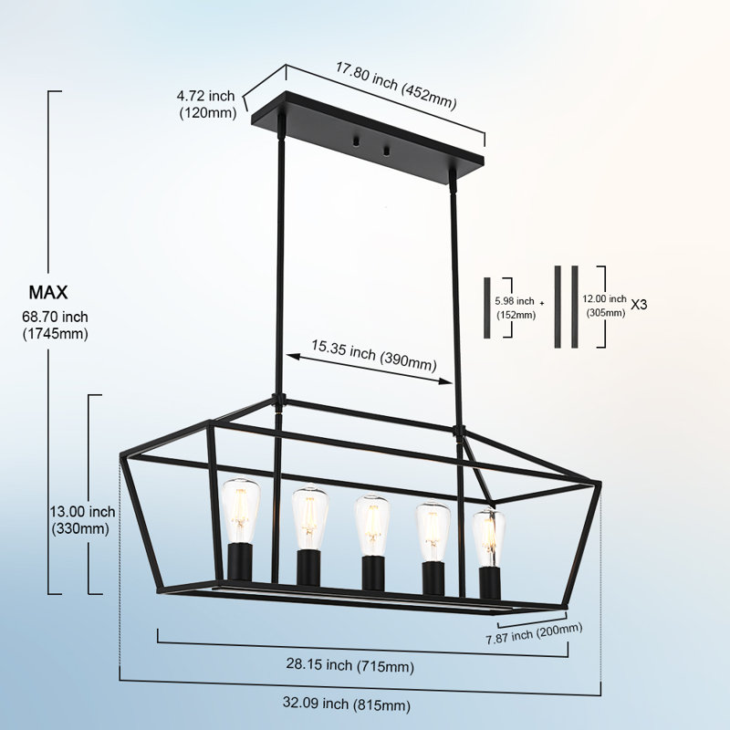 Lustre carré pour îlot de cuisine à 5 lumières Nelrose, Noir