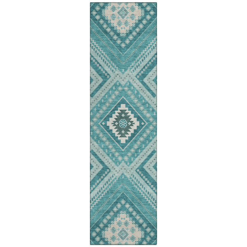 Solene Teal Washable Indoor-Outdoor Rug - , 2'3" x 7'6"