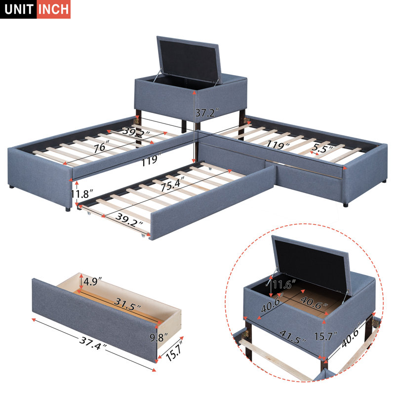 Lit plateforme simple en L gris avec lit gigogne, 2 tiroirs et bureau intégré, lit d'angle avec rangement