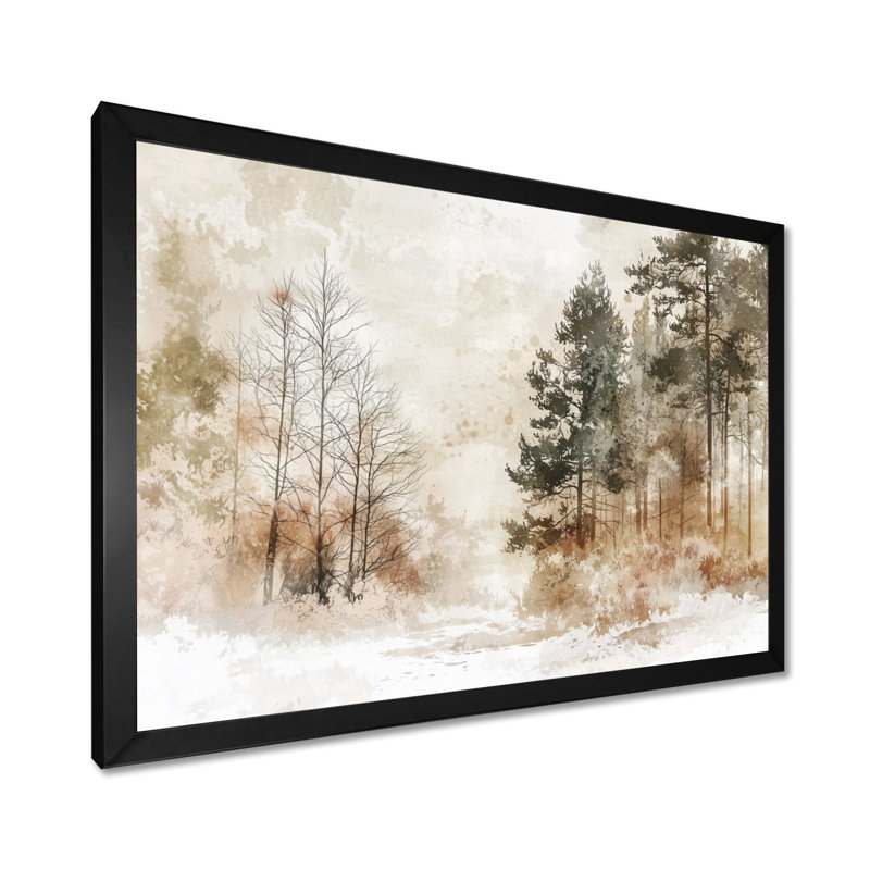 «Winter Woodland Forest Landscape I - Forest», reproduction d'art murale, H 30 po x l 40 po, Reproduction encadrée, Noir