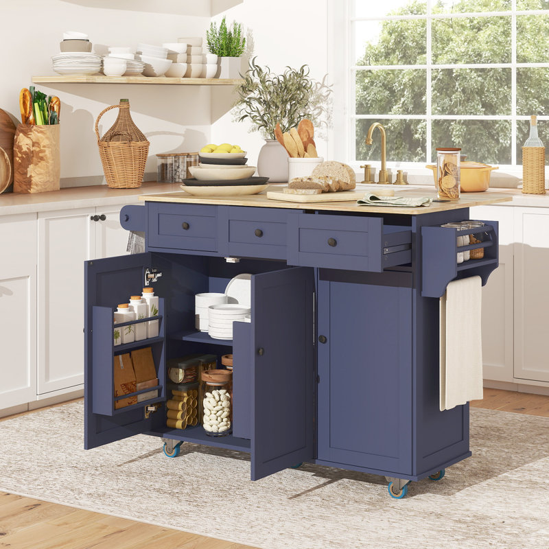 Rolling Kitchen Island with Charging Station and Drop Leaf, 53" Island Table with Wood Top, 3 Drawers, Adjustable Shelf, Spice & Towel Rack, Kitchen Cart on Wheels