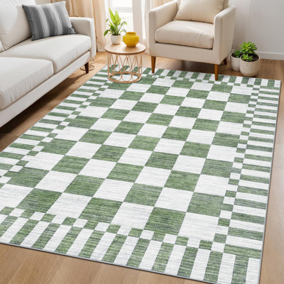 Tapis à carreaux moderne GaranceeHome 8 x 10, tapis à carreaux géométriques lavables pour le salon, la chambre à coucher, tapis de maison de campagne doux antidérapant, tapis de salle à manger mince et résistant aux taches, vert