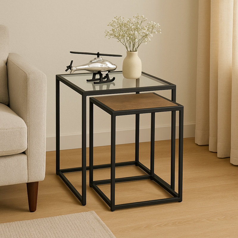 Nesting Table with Glass Top & Metal Legs, Small one is Wood Top