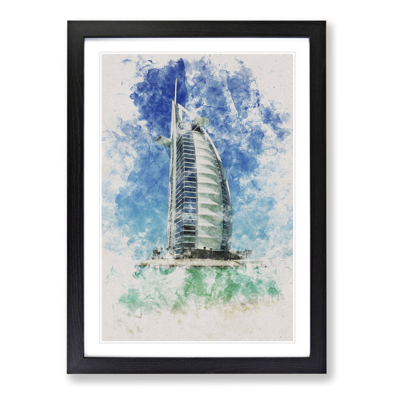 The Burj Al Arab in Dubai Vol.2 Watercolour - Framed Print, 90cm H x 65cm W x 2cm D, Black Framed