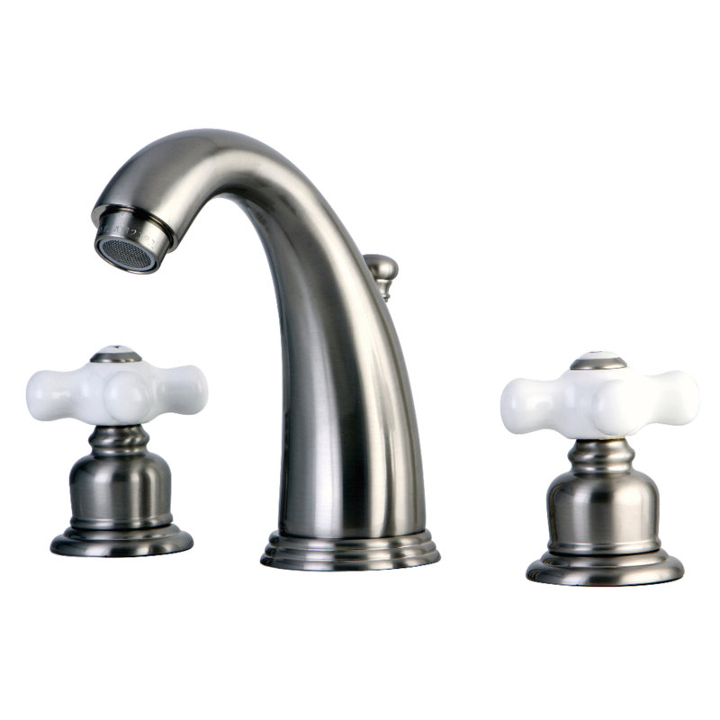 Kingston Brass Victorian Two-Handle 3-Hole Deck Mount Widespread Bathroom Faucet with Retail Pop-Up Drain, Brushed Nickel