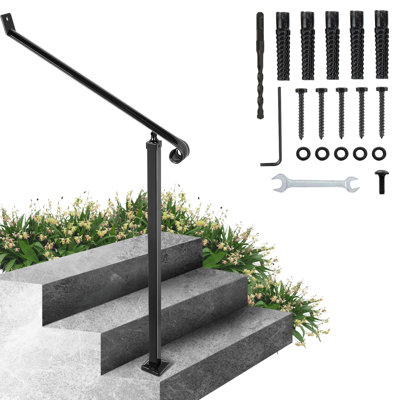 Wrought Iron Stair Handrail 2-3 Steps Aluminum 1 Piece Black Floor Mounted