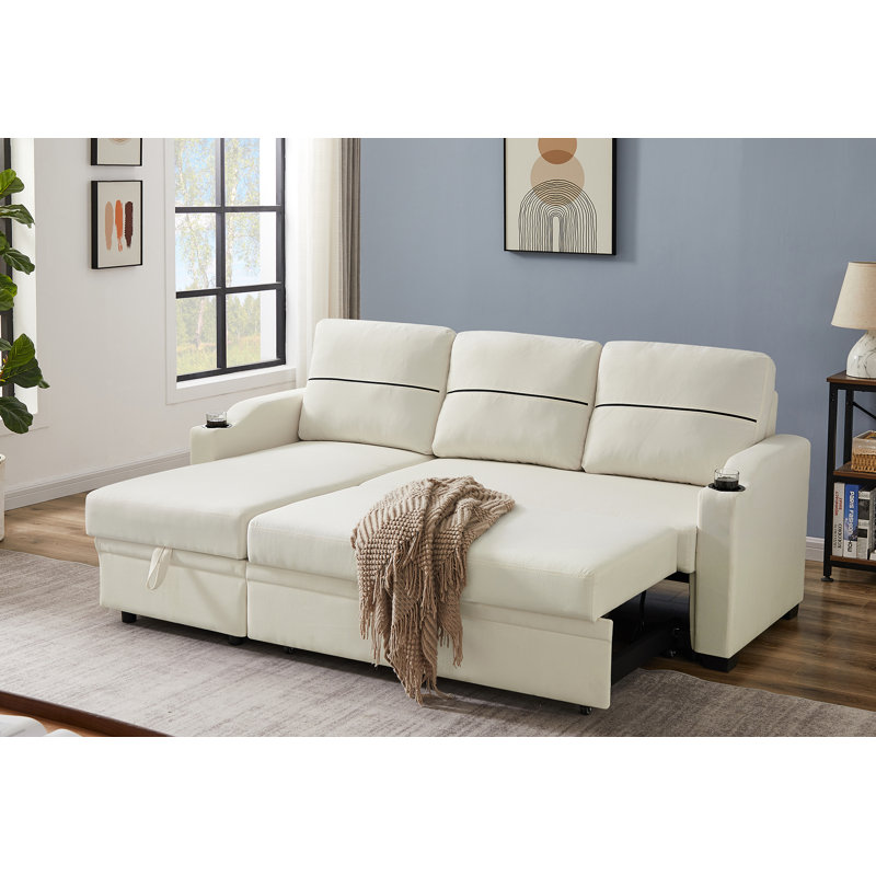 Upholstered L-Shaped Sectional Reversible, Beige Polyester
