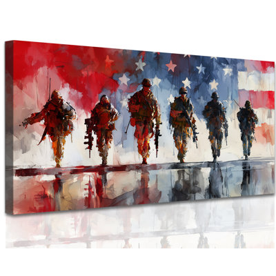 Dinardo Prints, Modern American Flag Canvas Pictures, Military Soldiers Abstract Painting, Rustic Americana Wall Decor, Large Ready-to-Hang Artwork for Living Room, Office, Veteran Memorial, 24x48 inches