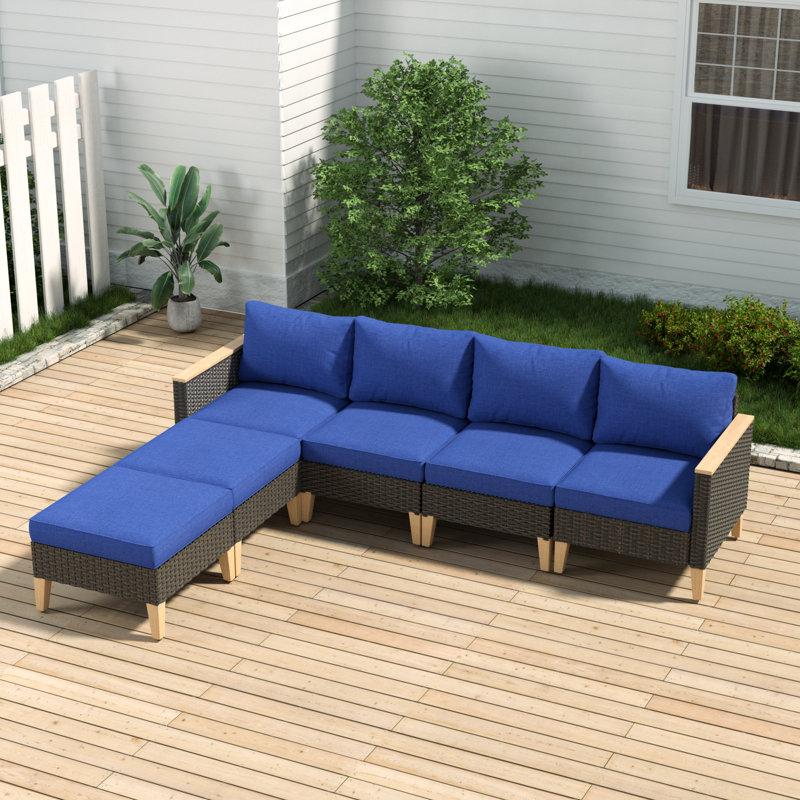 Canapé modulaire d'extérieur en osier réversible avec coussins 125,96 po Tuule, Bleu