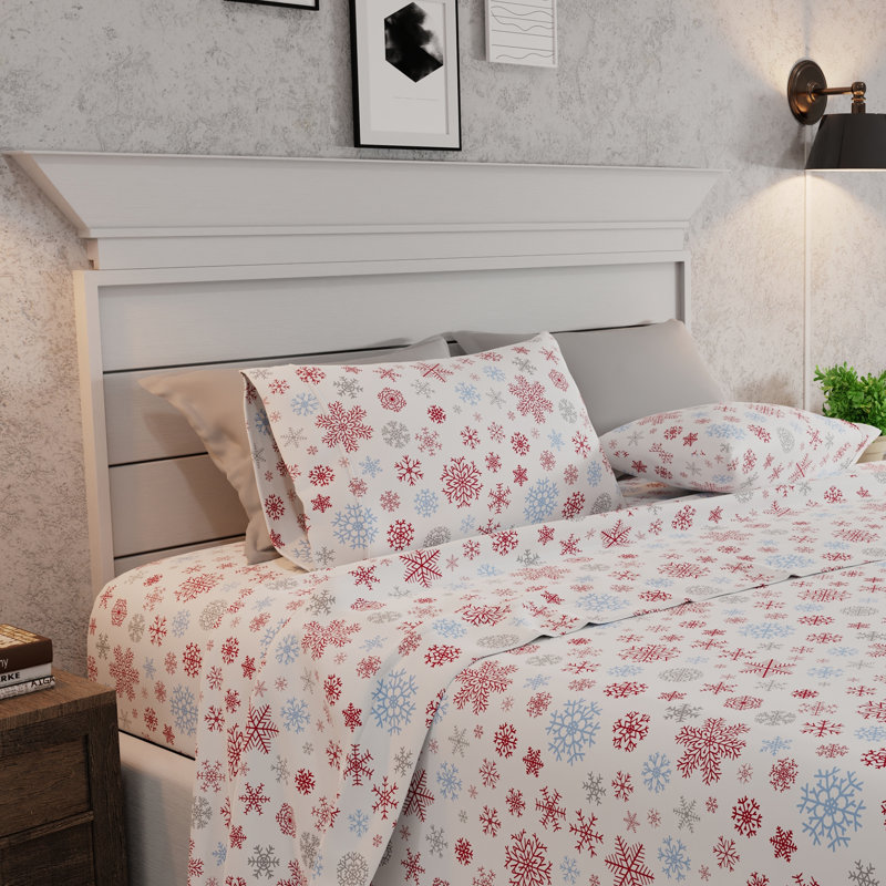 White and Red Snowflake Cotton Flannel Queen Sheet Set
