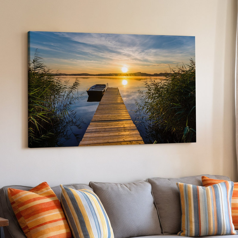 Toile, art serein au bord du lac au coucher du soleil avec un quai en bois qui s'étend sur un lac calme, H 9 po x l 12 po