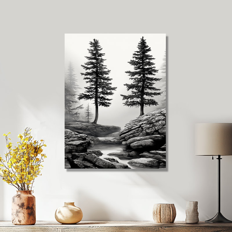 «Rustic Metal Prints - Twin Pine Trees» par River Stream I, décoration murale nature noire, L 24 po x H 32 po