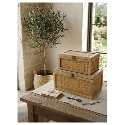 Set of 2 Woven Rattan Decorative Storage Boxes with Solid Wood Frame and Vintage Latches