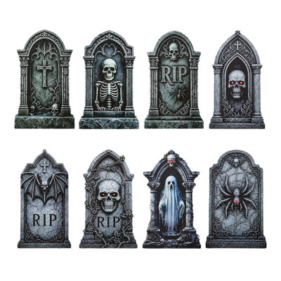 Paquet de 8 panneaux décoratifs en forme de pierre tombale d'Halloween avec piquets, décorations de pierres tombales brillantes dans l'œil pour le jardin extérieur, accessoires de cimetière effrayants pour la fête d'Halloween et décor de jardin