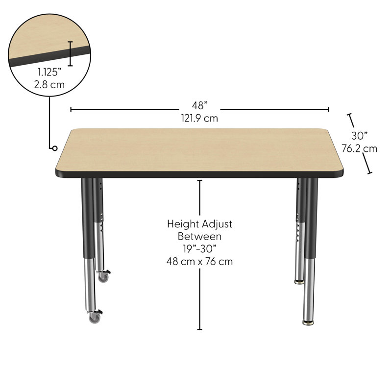 Table rectangulaire d'activité rectangulaire avec pieds réglables, Érable / noir, Super, 30" x 48"