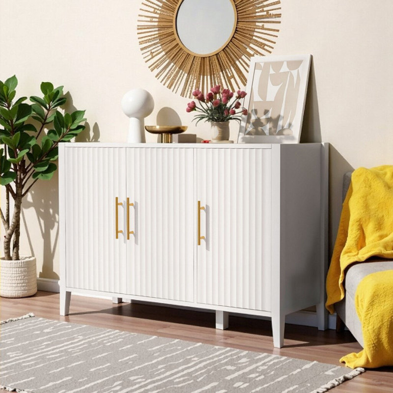 Buffet classique à 3 portes avec pieds en pin massif - Armoire de rangement blanche pour le salon, l'entrée et la cuisine