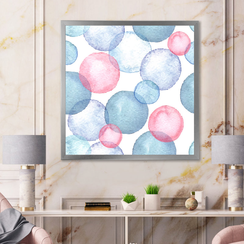 «Blue and Pink Bubbles», art mural sur toile imprimé géométrique, H 30 po x l 30 po, Toile avec cadre photo argenté